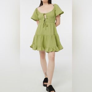 Flutter Sleeve Mini Dress with Tie Front, XS